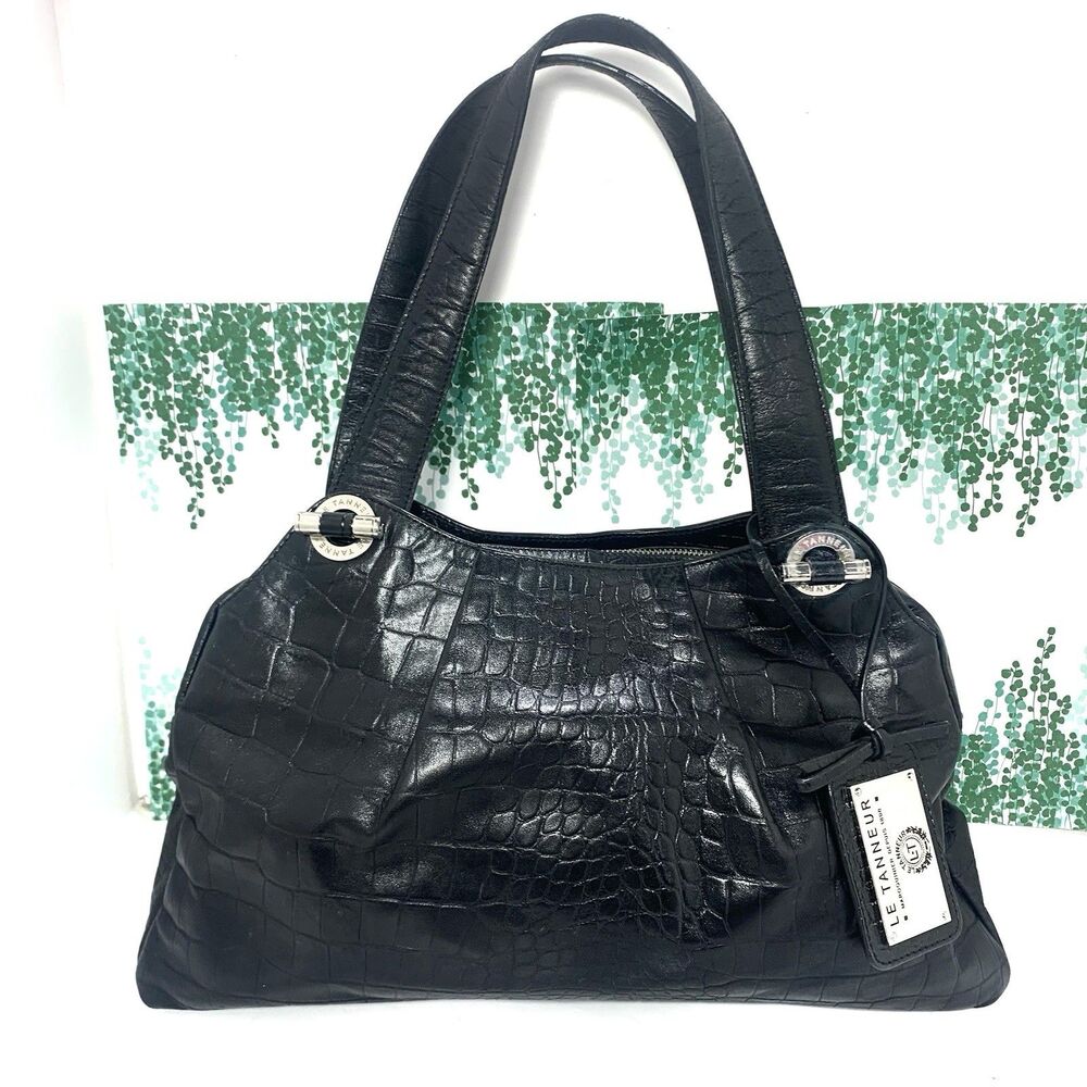Le Tanneur Croc Embossed Leather Shoulder Purse Zipper Womens